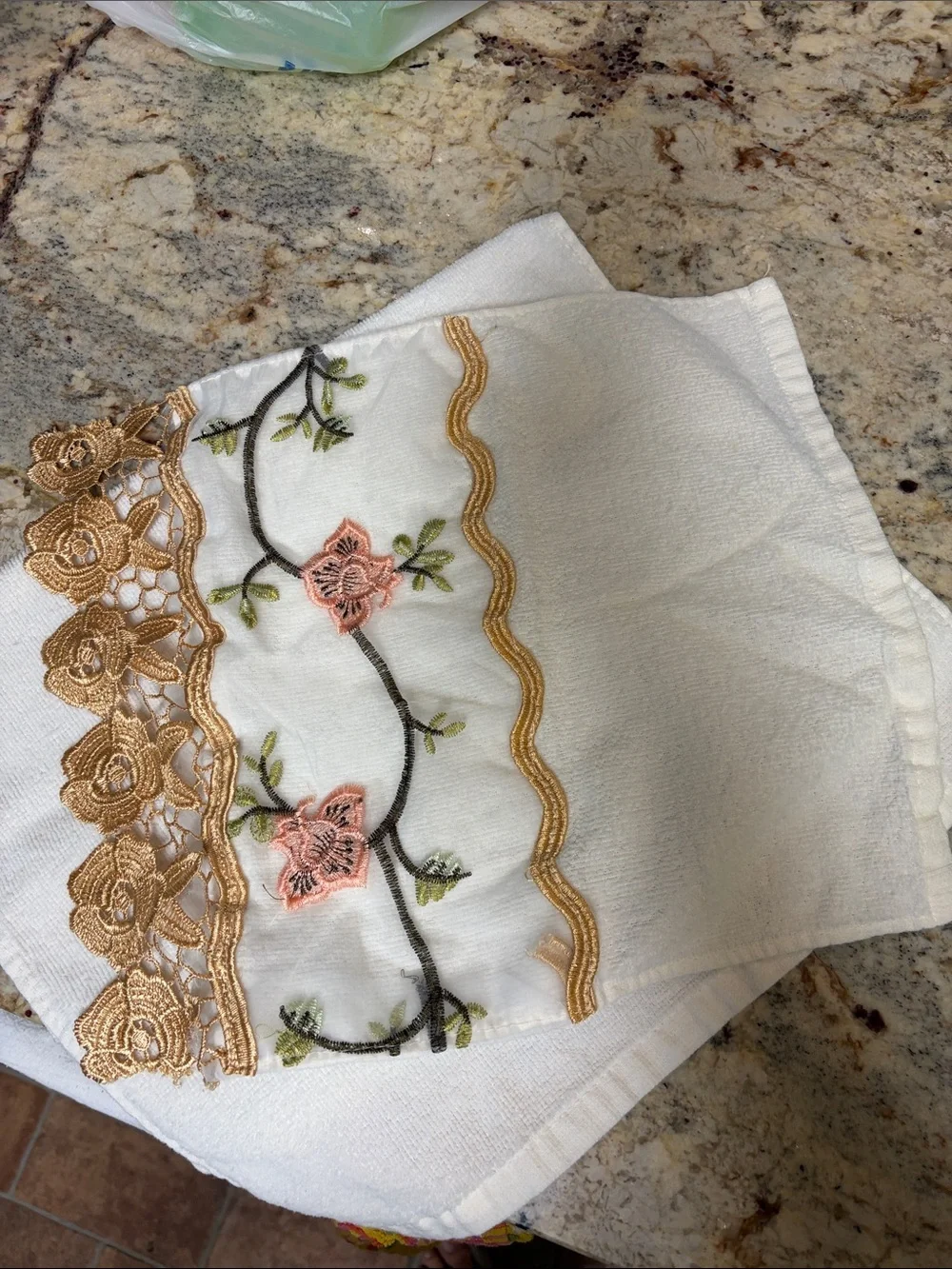 Embroidered Floral Garden White Hand Towel and Washcloth with Gold Lace Trim